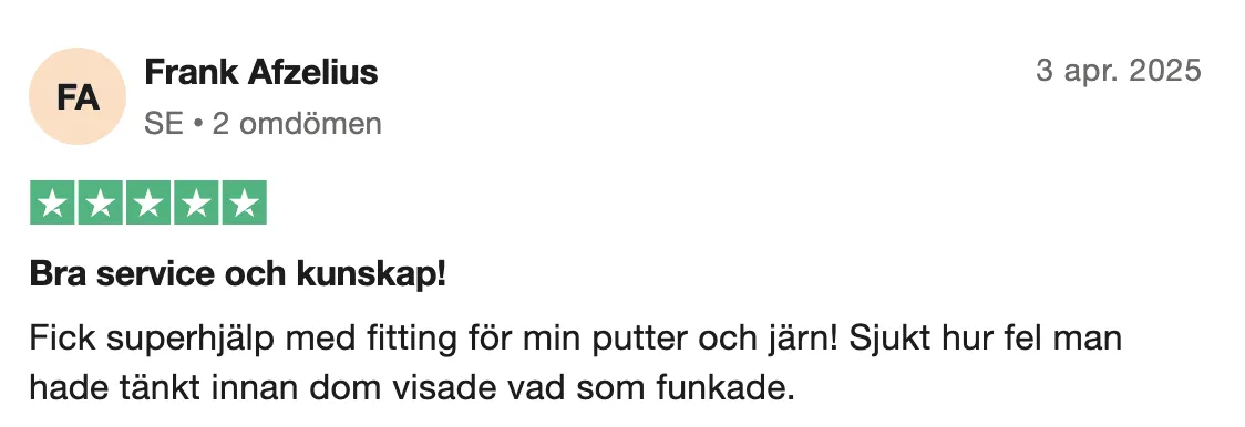 Kundomdöme på Trustpilot om fitting hos Indoor Golf Group Store.