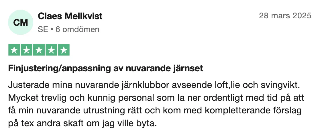 Kundomdömen på Trustpilot om fitting och justering av järnklubbor.